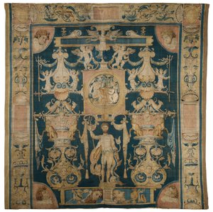 Tapisserie allégorique représentant Neptune de la série Doria Grotesques, avec un médaillon central au-dessus de Poséidon, Bruxelles, vers 1545-50 - Perino del Vaga