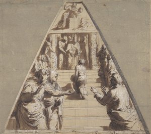 Présentation de la Vierge au Temple en bas, Abraham sur le point de sacrifier Isaac en haut, 1520