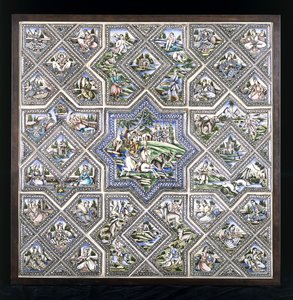 Un panneau de carreaux en poterie, représentant Bahram Gur chassant, et plusieurs autres figures dans une variété de scènes - Persian School