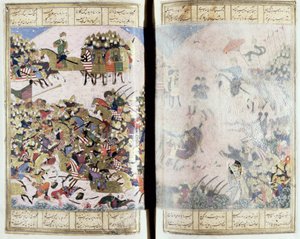 Bataille entre Isfandiyar et Arjasp, illustration du Shahnama (Livre des Rois), par Abul-Qasim Manur Firdawsi (c.934-c.1020) c.1440-45 - Persian School