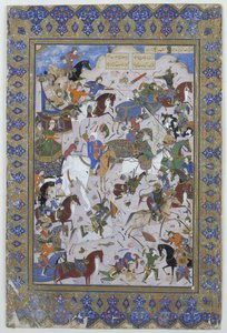 Bataille entre Khusrau et Bahram Chubaina, du poème Layla et Majnun original de Nizami, 1540 - Persian School