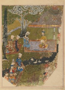 Folio du Zafarnama; verso: Timur accorde une audience à l