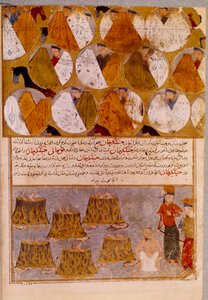 Tentes mongoles et prisonniers de Gengis Khan : Gengis Khan fait jeter les partisans de Djamuqua, un Mongol de la tribu des Jadjirat, dans les chaudrons. Miniature persane tirée de « Jami al-tawarikh » (Histoire universelle)