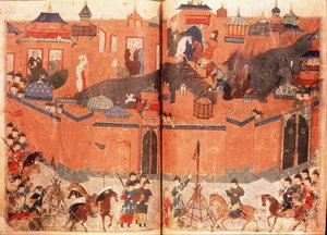 Ms.Sup.Pers.1113.f.180v-181 Mongols sous la direction de Hulagu Khan prenant et capturant Bagdad en 1258, d