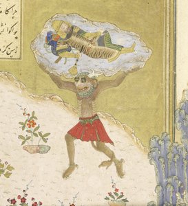 (détail) Le div Akvan soulève le Rustam endormi, illustration du Shahnama (Livre des Rois) - Persian School