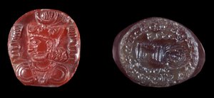 Art persan : camée de Kavadh I (ou Qobad, Kobad, Kabad) (488-496 apr. J.-C.) roi du deuxième empire perse et sceau en agate de la période sassanide. 5ème ou 6ème siècle apr. J.-C. Paris, B.N. - Persian School