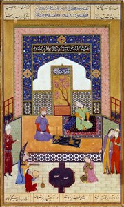 La princesse Shirin reçoit Farhad dans son château miniature persan illustrant un épisode du Khamsa de Nizami - Persian School