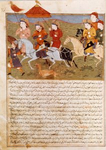 Représentation de Houlagou Khan, petit-fils de Gengis Khan à cheval. Miniature persane tirée de Jami al-Tawarikh ou Histoire universelle par l