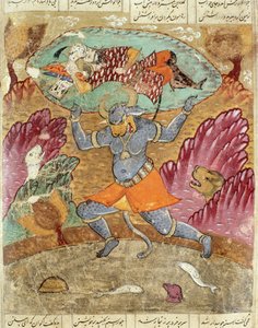 Rostam porté par Akwan-Diwa, illustration du Shahnama (Livre des Rois) par Abul-Qasim Manur Firdawsi (vers 934-vers 1020) 1619 - Persian School