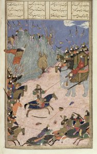 Rustam traîne le Khaqan de son éléphant, illustration du Shahnama (Livre des Rois), par Abul-Qasim Manur Firdawsi (c.934-c.1020) c.1440-45 - Persian School