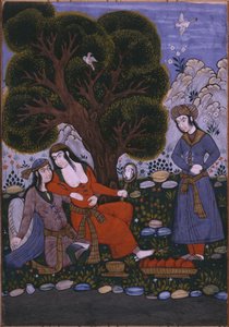 Servante apportant des fruits à un couple dans un jardin - Persian School