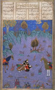 Suhrab tué par son père Rustam, illustration du Shahnama (Livre des Rois), par Abul-Qasim Manur Firdawsi (c.934-c.1020) c.1440-45 - Persian School