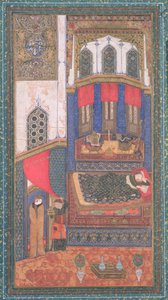 Tahmina entre dans la chambre de Rustam, illustration du Shahnama (Livre des Rois), par Abul-Qasim Manur Firdawsi, de Hérat, Afghanistan, vers 1410 - Persian School