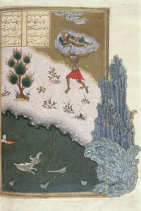 Rustam endormi transporté dans les airs par le démon Akwan, illustration du Shahnama (Livre des Rois), par Abul-Qasim Manur Firdawsi (c.934-c.1020) c.1440-45 - Persian School