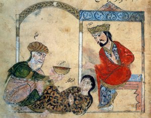 Le médecin ignorant et la fille du roi. Miniature de « Kalila wa Dimna (Kalila et Dimna) » (Folio 78), Fable orientale 1200-1220? . Traduit par Ibn al-Muqaffa