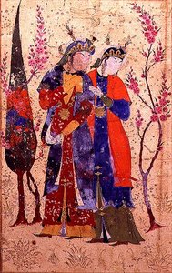 Deux princesses dans un paysage de jardin, de la Tohfat Al-Ahrar, école de Bokhara - Persian School