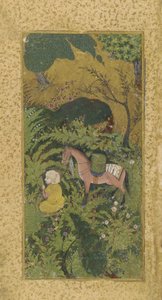 Palefrenier attendant avec cheval dans un bosquet boisé, probablement Tabriz, dynastie turkmène, vers 1500 - Persian School