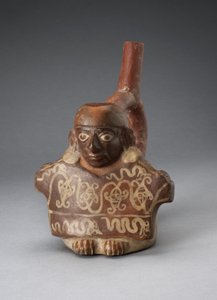 Vase à bec étrier représentant un homme tenant un textile décoré, 100 avant J.-C.-500 après J.-C. - Peruvian School