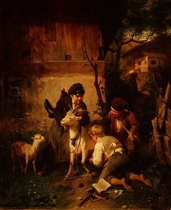 Garçons jouant avec une chèvre