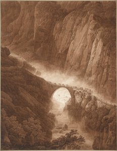 Le Pont du Diable dans les gorges de Schöllenen sur le chemin du col du Saint-Gothard avec un convoi de mulets