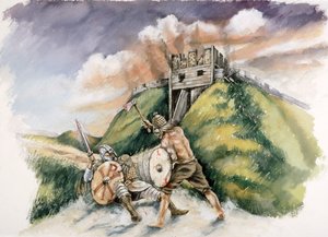 Cynric combattant les Bretons à Old Sarum, 552 après J.-C., vers 1990-2010 - Peter Dunn