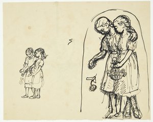 Deux petites filles dispersant des fleurs. Deux esquisses sur la même feuille