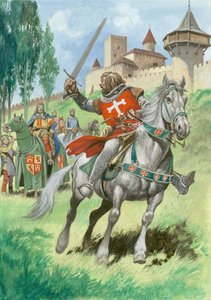 Un chevalier devant un château (gouache sur papier)