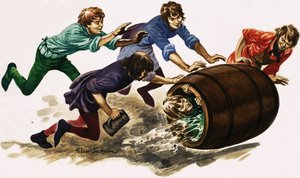 Un apprenti nouvellement qualifié est arrosé de bière et roulé dans un tonneau - Peter Jackson