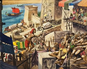Construire les pyramides (gouache sur papier)
