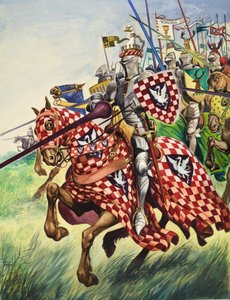 Chevaliers chargeant dans la bataille (gouache sur papier)