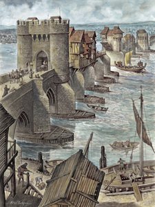 Reconstruction montrant le vieux pont de Londres quelques années après sa construction, vue vers le nord-ouest