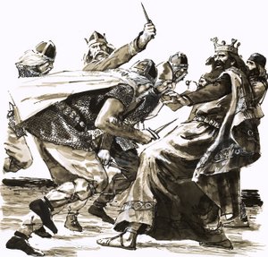 La mort du roi Vortigern, illustration tirée de "Invaders from the Sea" (Les envahisseurs de la mer)