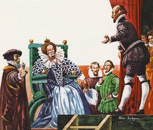 William Shakespeare présentant une de ses pièces à la reine Elizabeth I