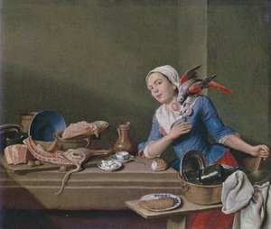 Nature morte de cuisine avec personnage féminin et perroquet (Le sentiment)
Alternative title(s) :

Le sentiment - Peter Jacob Horemans