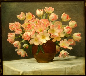 Tulipes dans un vase sur une table drapée - Peter Johan Schou
