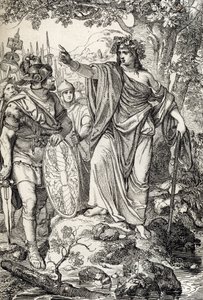 Campagnes de Germanicus : « Nero Claudius Drusus Germanicus (38-9 av. J.-C.) et son armée rencontrent une jeune femme dans les régions entre les rivières Weser et Elbe, vers 12 av. J.-C. » - Peter Johann Nepomuck Geiger