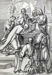 Représentation de Saint Augustin de Cantorbéry (mort en 604), envoyé en Angleterre par le pape Grégoire le Grand en 596 pour convertir les Anglo-Saxons - Il est ici devant Ethelbert, roi anglo-saxon du Kent (552? -616) qu