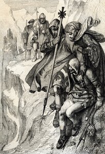 Le roi des Romains Henri IV passant le col du Mont-Cenis pour traverser les Alpes et se rendre chez la comtesse Mathilde de Toscane à Canossa où se trouve le pape Grégoire VII, janvier 1077 - Peter Johann Nepomuck Geiger