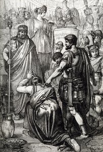 Guerre Vandale : La reddition du roi des Vandales Gélimer devant le général byzantin Bélisaire (500-565) en mars 534, Carthage, Afrique