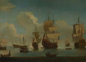 Navires de guerre anglais au mouillage, voiles séchant, début du XVIIIe siècle