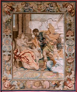 Tapisserie flamande. Série Histoire du consul Decius Mus. Mars apparaît à Rhea Silvia. Huitième tapisserie de la série. Modèle P P Rubens. Manufacture Jan Raes II, Bruxelles. Vers 1620-1629. Tissu Or, argent, soie et laine. - Peter Paul (after) Rubens