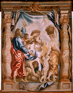 Tapisserie flamande. Série Vertumne et Pomone. Septième tapisserie de la série ; Vertumne transformé en pêcheur (partie centrale). Modèles Cercle de Pieter Coecke Van Aelst et Léonard Thiry. Manufacture Atelier inconnu, Bruxelles. Avant 1550. Tissu Or, arg - Peter Paul (after) Rubens