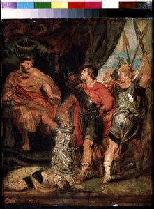 Mucius Scaevola devant Porsenna. Caius Mucius Scaevola, jeune patricien romain capturé par la garde royale de Porsenna