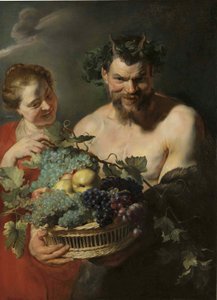 Un satyre tenant un panier de raisins et de coings avec une nymphe, par Peter Paul Rubens - Peter Paul Rubens