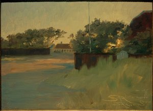 Vue du jardin de Brødnum. Coucher de soleil