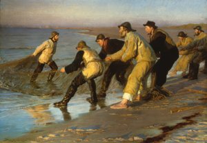 Pêcheurs tirant des filets sur la plage de Skagen