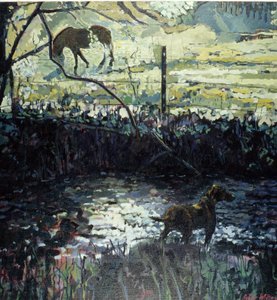Poney et chien dans un champ, 2000 (huile sur toile)