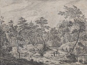 Paysage forestier avec un cavalier conversant avec un homme au centre, un pont à droite, 1716 - Peter von Bemmel