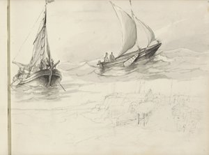 Deux voiliers avec des personnages en mer - Petrus Johannes Schotel (circle of)