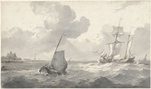 Deux-mâts et bateau de pêcheurs au large - Petrus Johannes Schotel
